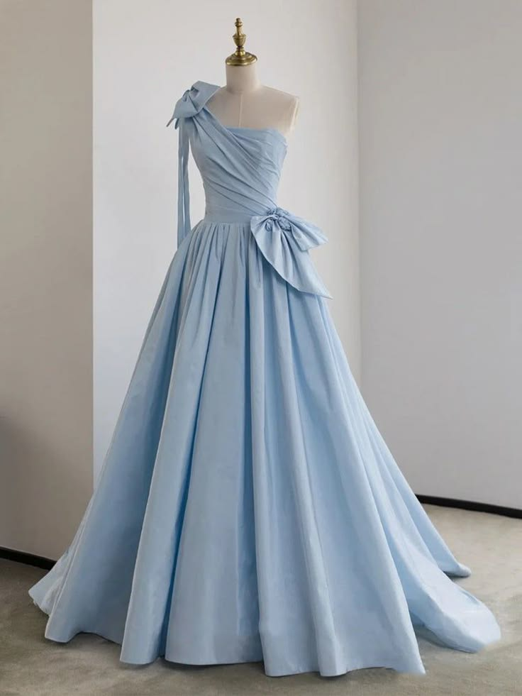 Elegant A Line One Shoulder Pale Blue Satin Bow Long Prom Dress,Evening Dress GG661