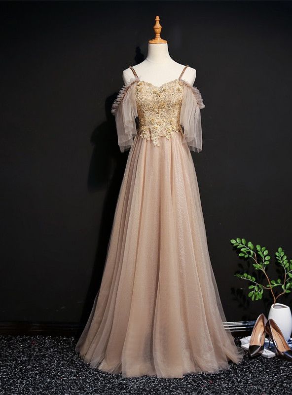 Exquisite A Line Gold Tulle Spaghetti Straps Appliques Beading Long Prom Dress,Evening Dress GG691