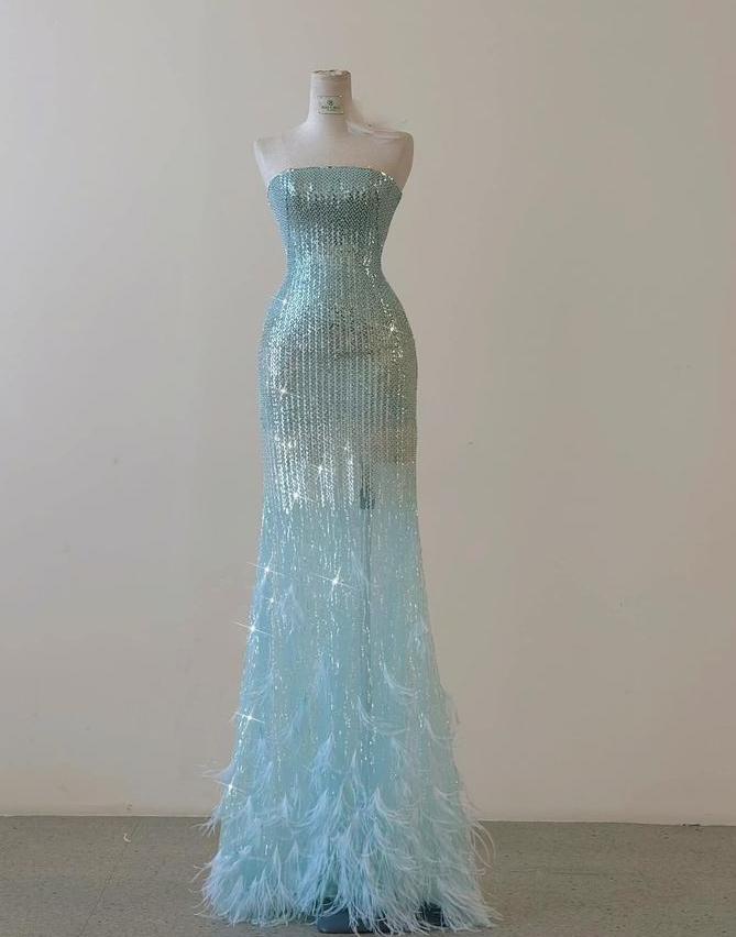 Glitter Mermaid Strapless Beaded Tiffany Blue Tulle Hem Feather Long Prom Dress,Evening Dress GG697