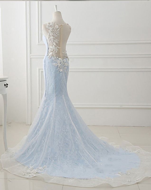 Awesome Mermaid Sweetheart Pale Blue Sweep Train Lace Applique Long Prom Dress,Evening Dress GG705