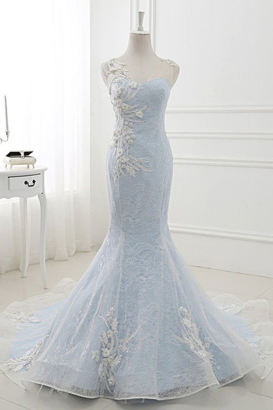 Awesome Mermaid Sweetheart Pale Blue Sweep Train Lace Applique Long Prom Dress,Evening Dress GG705