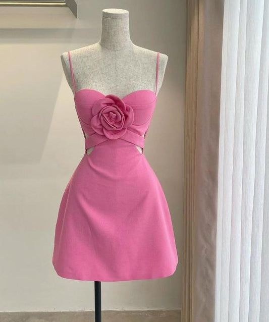 Romantic A Line Spaghetti Straps Satin Flower Rose Pink Short Prom Dress,Homecoming Dress,Evening Dress GG716