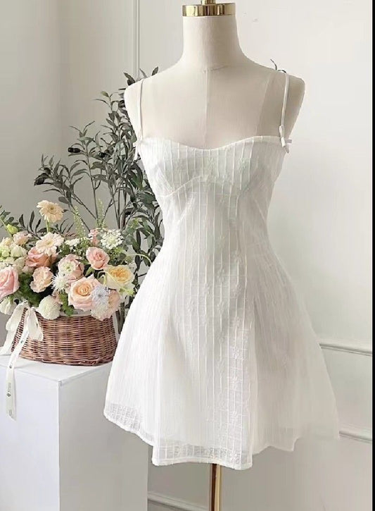 Simple A Line Spaghetti Straps White Tulle Short Prom Dress,Homecoming Dress,Evening Dress GG718