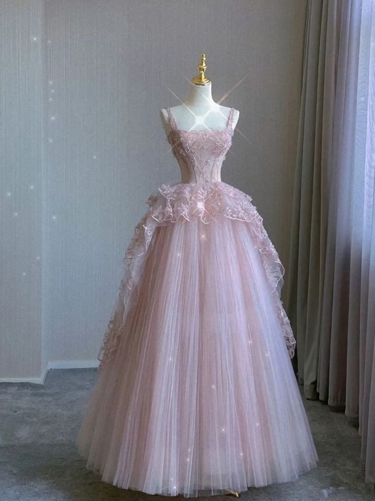 Charming Ball Gown Square Pink Lace Applique Tulle Long Prom Dress,Evening Dress GG729