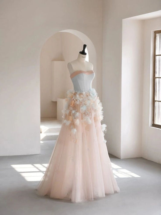 Charming A Line Strapless Pale Blue Satin WIth Blush Pink Tulle Hem Long Prom Dress,Evening Dress GG740