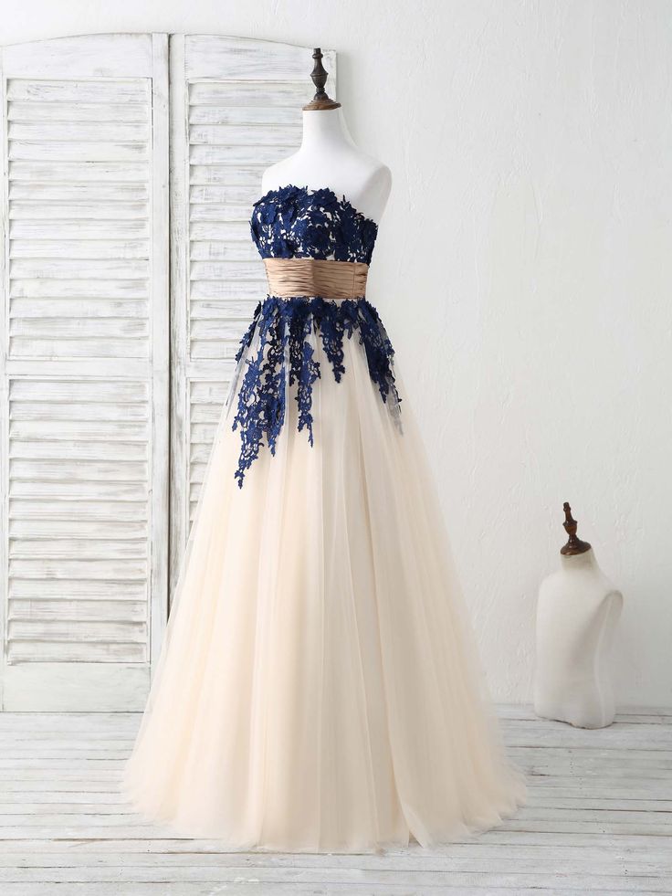 Beautiful A Line Strapless Lace Applique Tulle Long Prom Dress,Evening Dress GG756