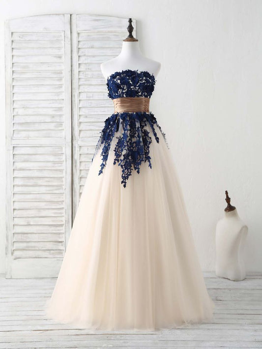 Beautiful A Line Strapless Lace Applique Tulle Long Prom Dress,Evening Dress GG756