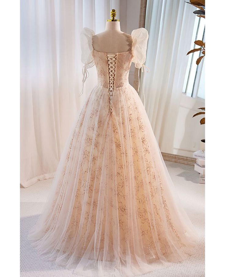 Beautiful A Line Sweetheart Champagne Tulle Short Puff Sleeve Long Prom Dress,Evening Dress GG760