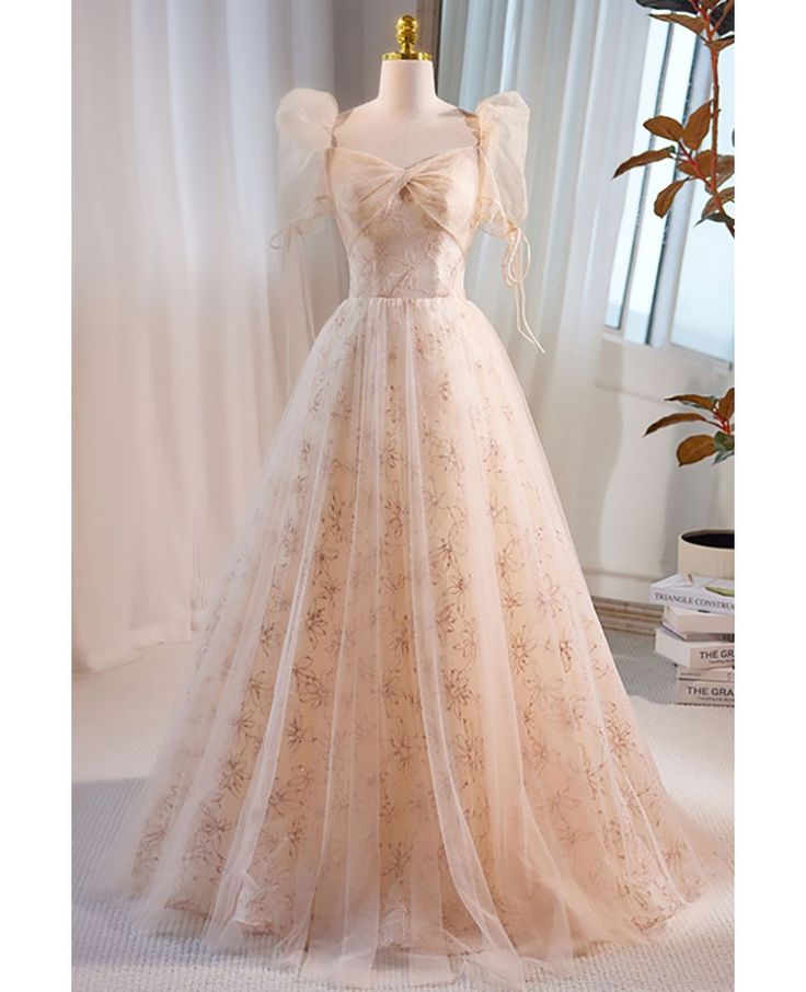 Beautiful A Line Sweetheart Champagne Tulle Short Puff Sleeve Long Prom Dress,Evening Dress GG760