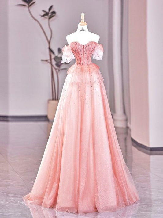 Beautiful A Line Off The Shoulder Tulle Beaded Sequin Long Prom Dress,Evening Dress GG764