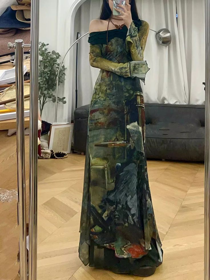 Stunning A Line New Autumn Long Sleeve Printed Long Prom Dress,Evening Dress GG786