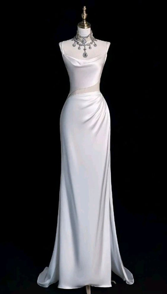 Fairytale Mermaid White Spaghetti Straps Satin Long Prom Dress,Wedding Dress,Evening Dress GG790