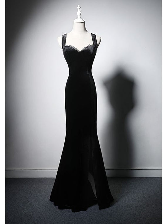 Simple Mermaid Black Velvet Straps Slit Long Prom Dress,Evening Dress GG815