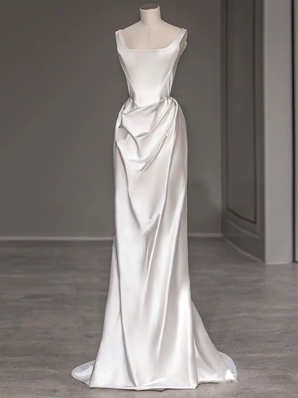 Elegant A Line Square White Satin Pleats Long Prom Dress,Wedding Dress,Evening Dress GG817