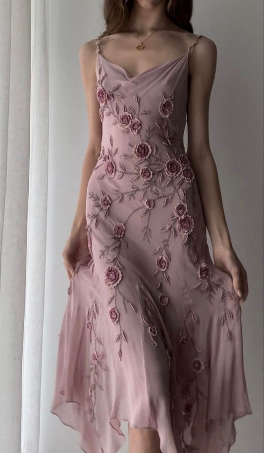 Graceful A Line Spaghetti Straps Dusty Rose Chiffon Floral Tea Length Prom Dress,Evening Dress GG825