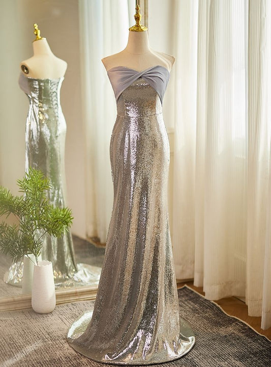 Shiny Mermaid Sweetheart Silver Sequin Long Prom Dress,Evening Dress GG837