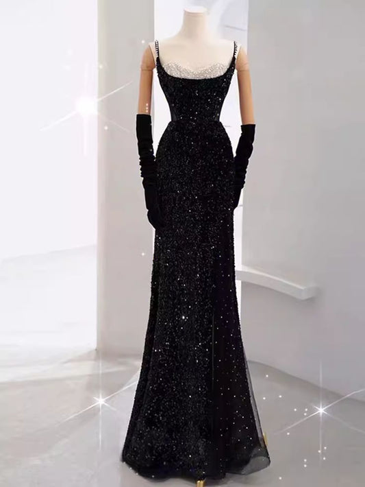 Beautiful Mermaid Spaghetti Straps Sequin Slit Satin Long Prom Dress,Evening Dress GG840