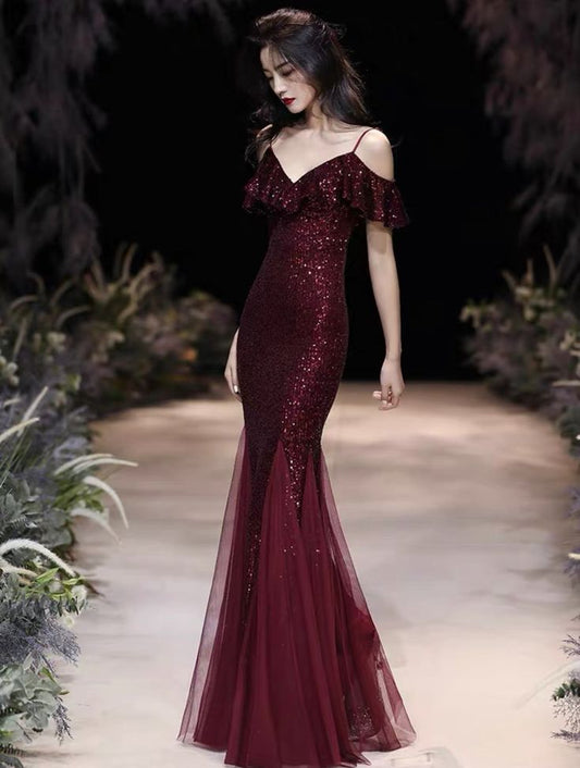 Beautiful Mermaid Spaghetti Straps Burgundy Sequin Hem Tulle Long Prom Dress,Evening Dress GG842