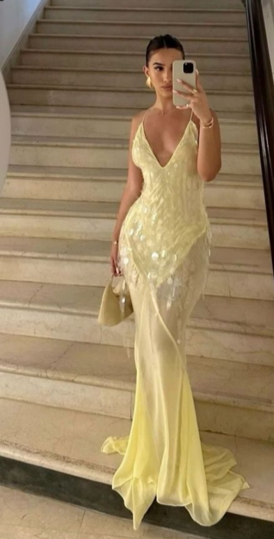 Sexy Mermaid Spaghetti Straps Bright Yellow Sequin Chiffon Long Prom Dress,Evening Dress GG855