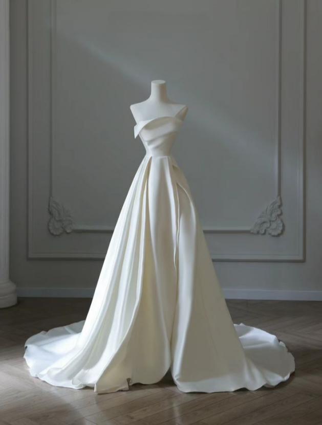 Simple A Line Strapless White Satin Pleats Long Prom Dress,Wedding Dress,Evening Dress GG863