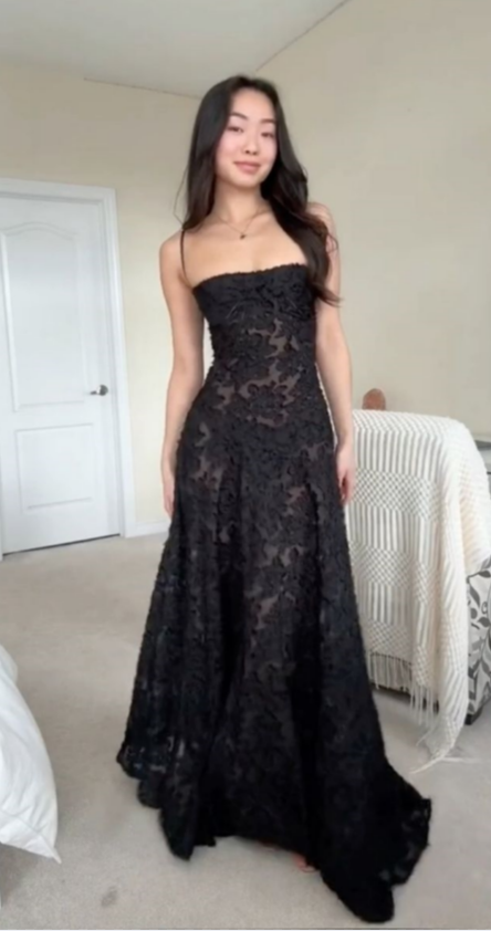 Charming A Line Spaghetti Straps Black Lace Applique Long Prom Dress,Evening Dress GG867