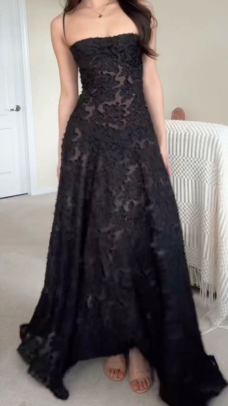 Charming A Line Spaghetti Straps Black Lace Applique Long Prom Dress,Evening Dress GG867