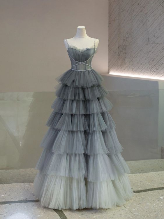 Unique A Line Spaghetti Straps Gradient Gray Layered Tulle Long Prom Dress,Evening Dress GG893