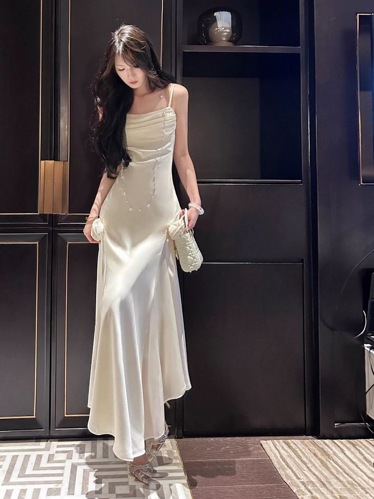 Simple Mermaid Satin Spaghetti Straps Ivory Flower Long Prom Dress,Evening Dress GG894