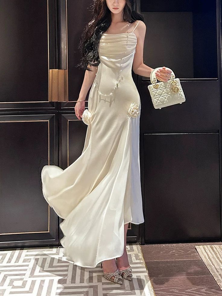 Simple Mermaid Satin Spaghetti Straps Ivory Flower Long Prom Dress,Evening Dress GG894