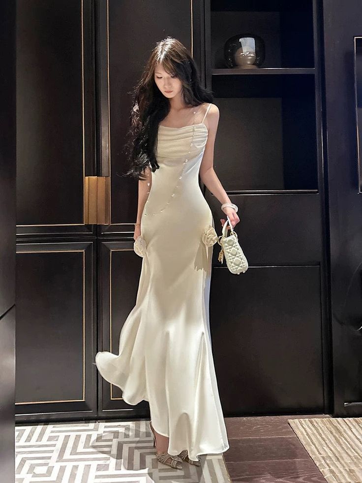 Simple Mermaid Satin Spaghetti Straps Ivory Flower Long Prom Dress,Evening Dress GG894