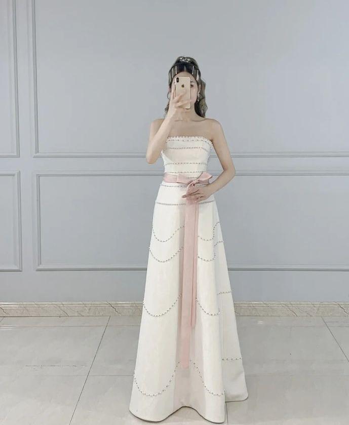 Simple A Line Strapless Light Ivory Satin  Beaded With Pink Belt Long Prom Dress,Evening Dress GG895