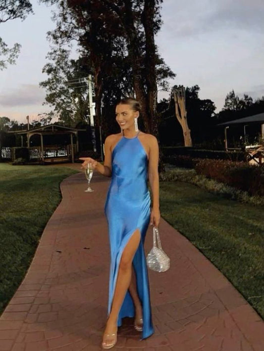 Charming Mermaid Halter Blue Satin Slit Long Prom Dress,Evening Dress GG943