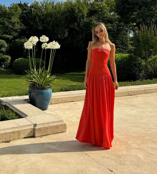 Simple A Line Strapless Red Satin Long Prom Dress,Evening Dress GG948