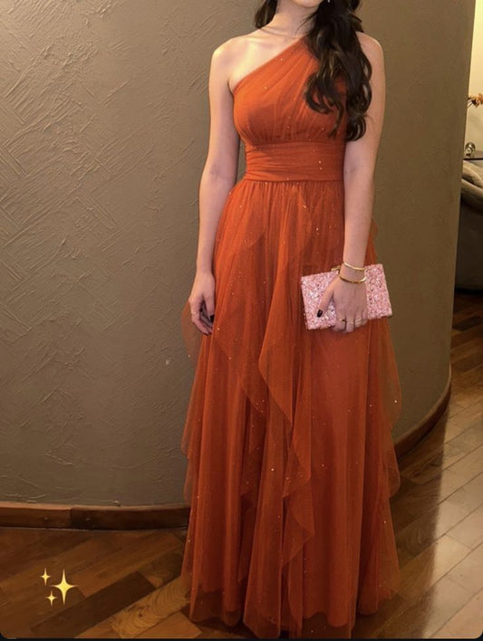 Shiny A Line One Shoulder Orange Tulle Sequin Long Prom Dress,Evening Dress GG961