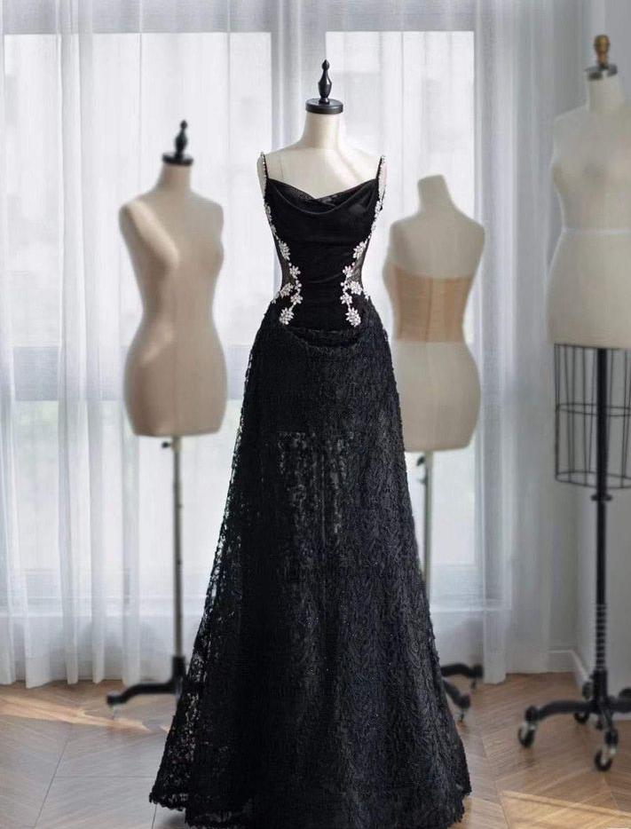 Charming A Line Spaghetti Straps Black Lace Applique Long Prom Dress,Evening Dress GG973