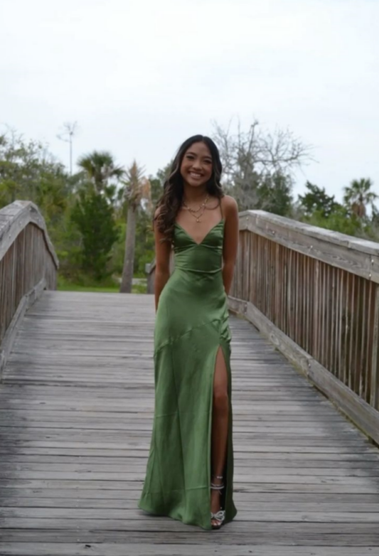 Charming Mermaid Spaghetti Straps V Neck Green Satin Slit Long Prom Dress,Evening Dress GG996