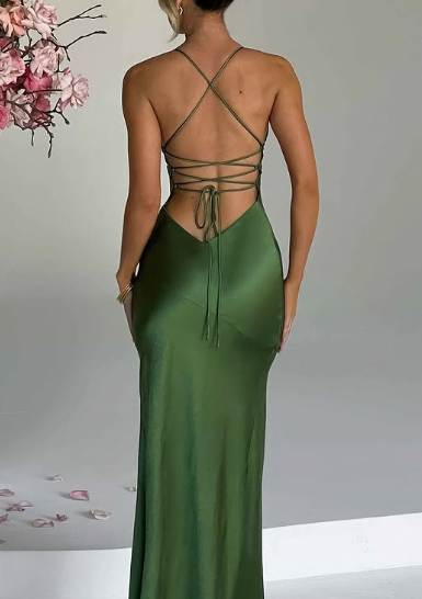 Charming Mermaid Spaghetti Straps V Neck Green Satin Slit Long Prom Dress,Evening Dress GG996